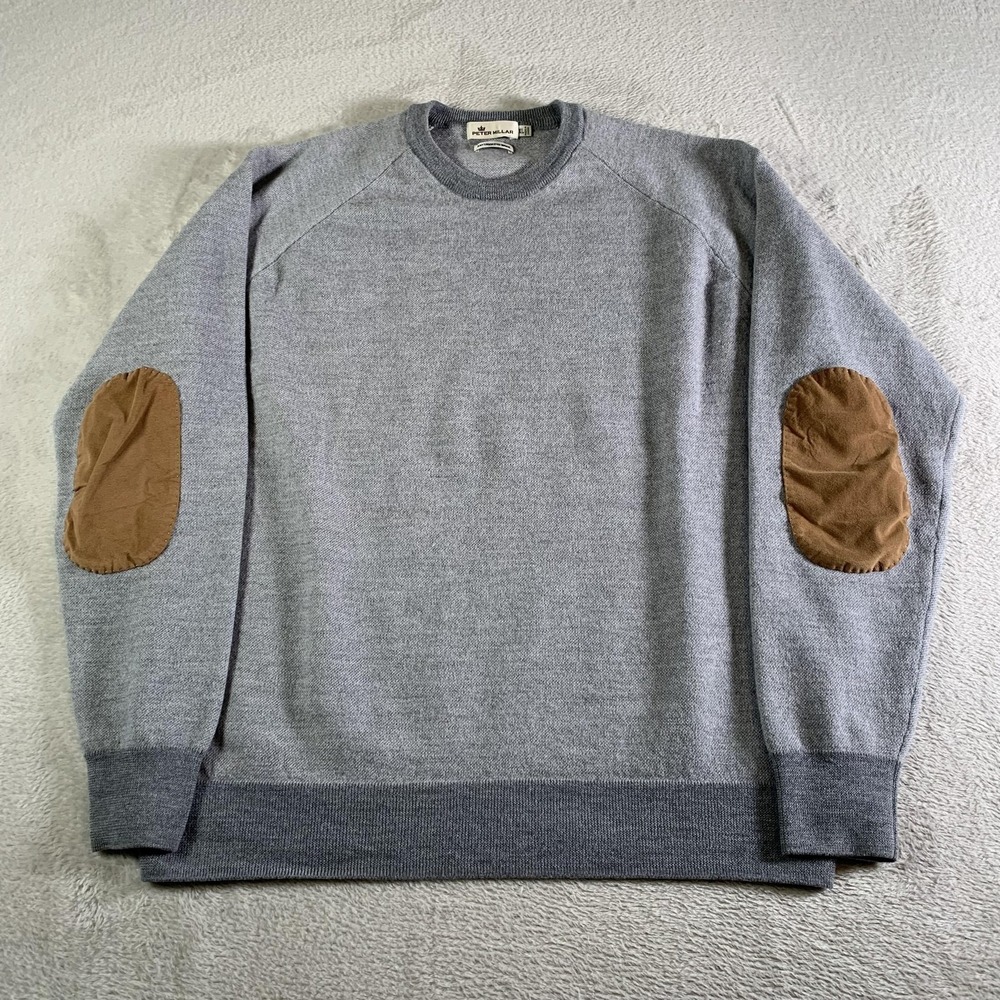 Peter Millar Sweater Mens XL Gray Crewneck 100% Merino Wool Elbow Patch FLAW